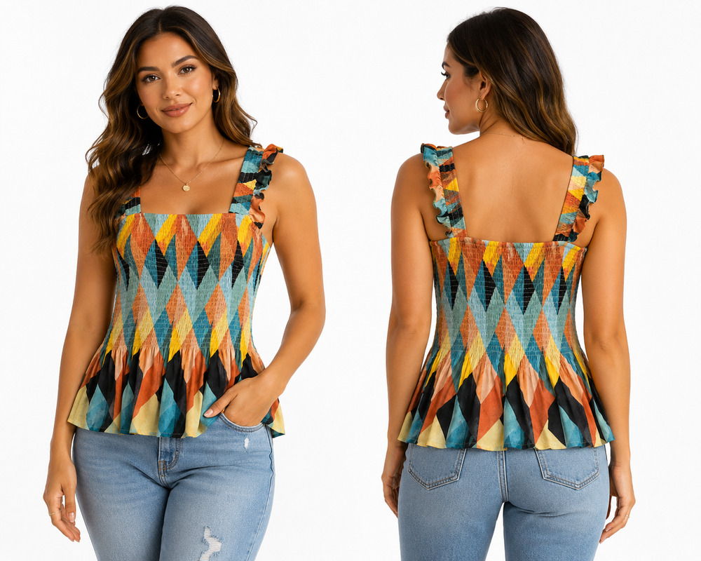 Torrid Square Neck Ruffled Smocked Peplum Green Tank Top Geometric Hipister 1X